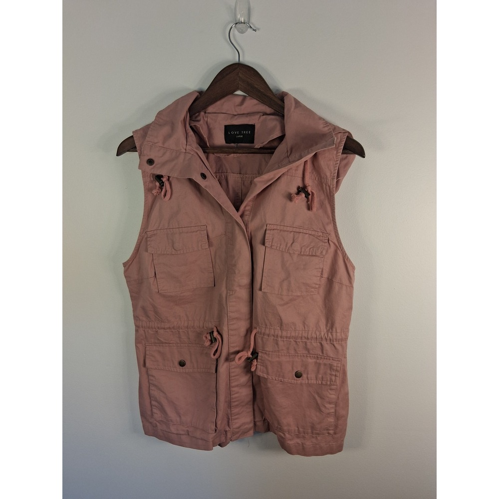 Utility Gorpcore Love Tree Hooded Vest Womens Large Mauve Pink Cargo Drawstring
